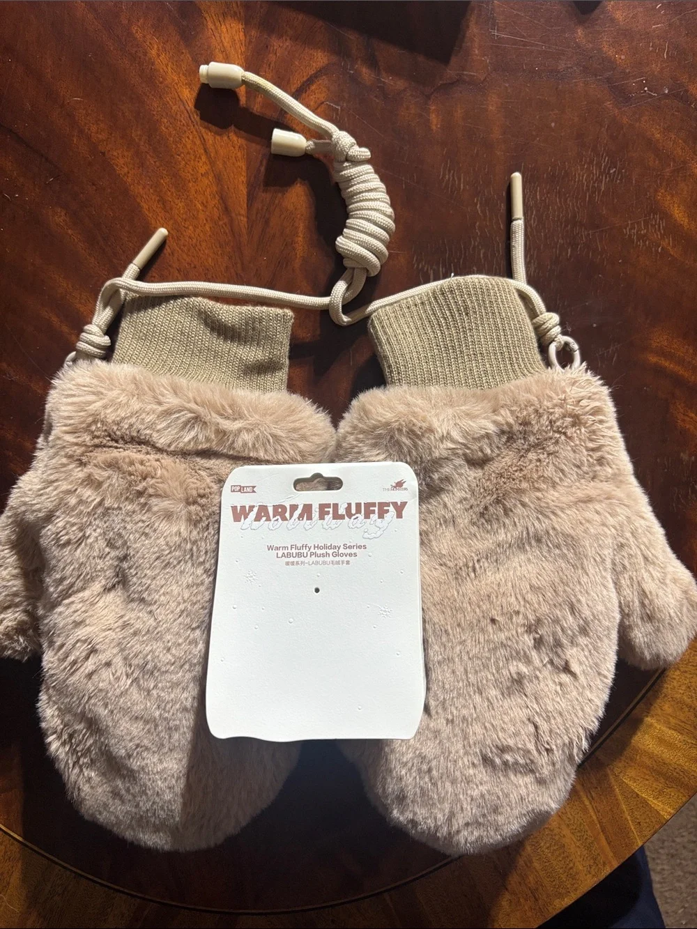 Authentic Labubu Kids Plush Bunny Mittens - Taupe